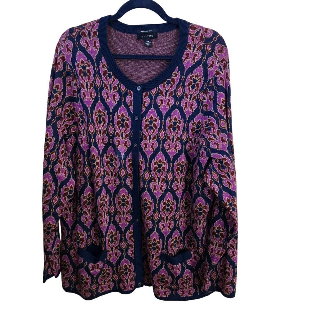 Lands' End Supima Cotton Navy Patterned Plussize Cardigan Sweater Size 2X